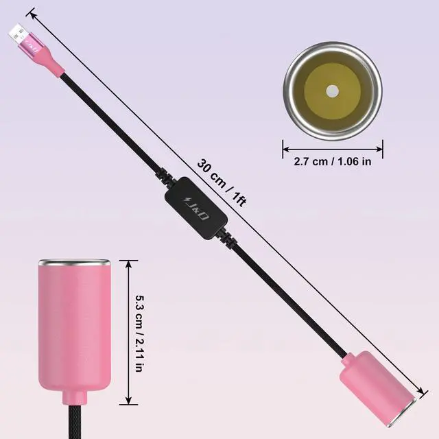 Alt view image 7 of 7 - USB A Male to 12V Car Cigarette Lighter Socket Female Converter Cable, 1 ft, 12V 18W Power Adapter, Compatible with Dash Cam, GPS, Car LED Light Strips, Pink