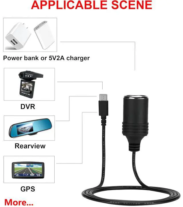 Alt view image 6 of 7 - 12V USB Type-C Male Plug to Car Cigarettes Adapter Female Socket PD Power Cable,Work with 45W~65W PD USB C Charger,for Dash Cam, GPS, Car Led Light Strips
