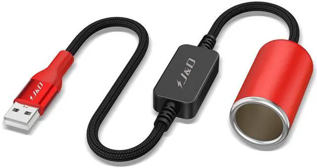 Main image of USB A Male to 12V Car Cigarette Lighter Socket Female Converter Cable, 1 ft, 12V 18W Power Adapter, Compatible with Dash Cam, GPS, Car LED Light Strips, Red