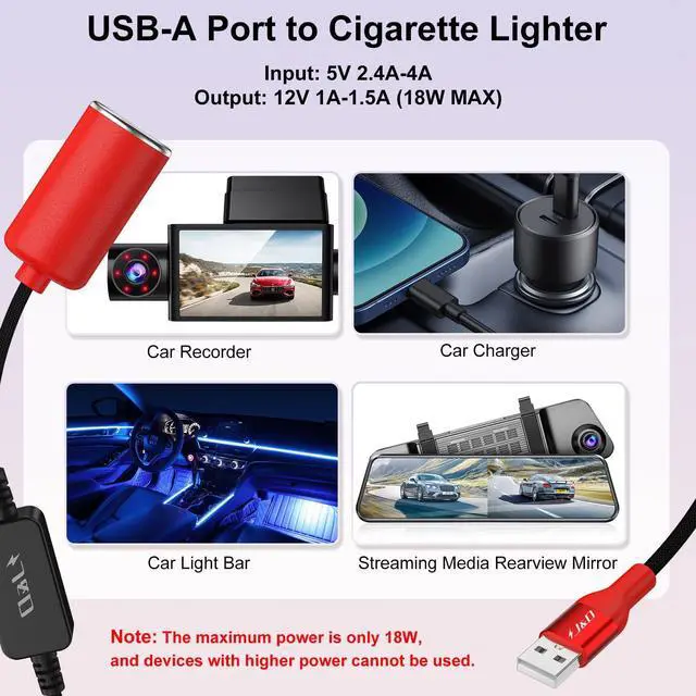 Alt view image 2 of 7 - USB A Male to 12V Car Cigarette Lighter Socket Female Converter Cable, 1 ft, 12V 18W Power Adapter, Compatible with Dash Cam, GPS, Car LED Light Strips, Red