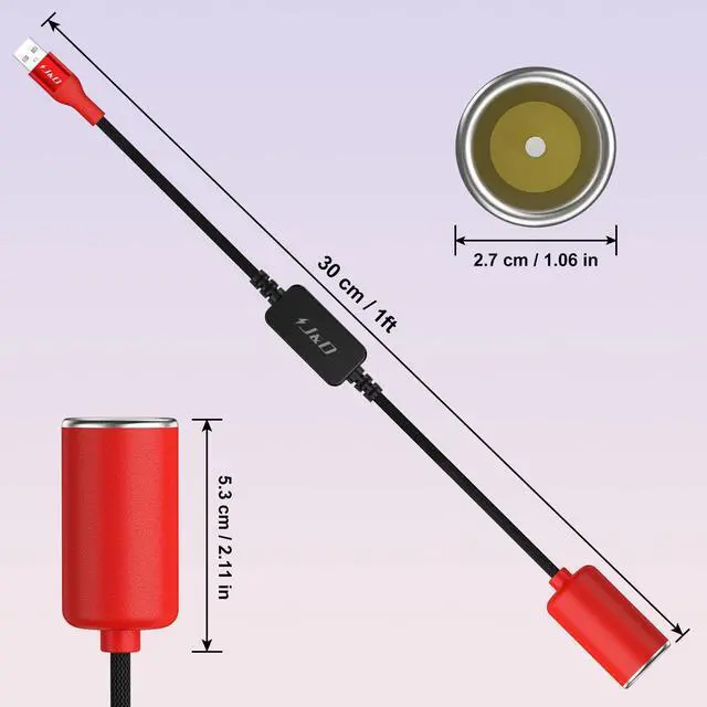Alt view image 7 of 7 - USB A Male to 12V Car Cigarette Lighter Socket Female Converter Cable, 1 ft, 12V 18W Power Adapter, Compatible with Dash Cam, GPS, Car LED Light Strips, Red