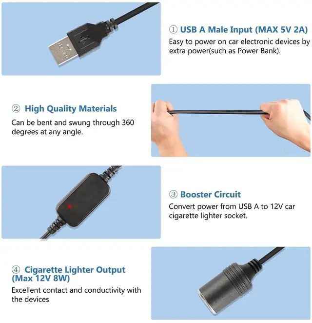 Alt view image 6 of 7 - USB A Male to 12V Car Cigarette Lighter Socket Female Converter Cable, 5V to 12V Step Up Converter Cable, 1.2FT DC Power Cord Compatible with Dash Cam, GPS, Car LED Light Strips