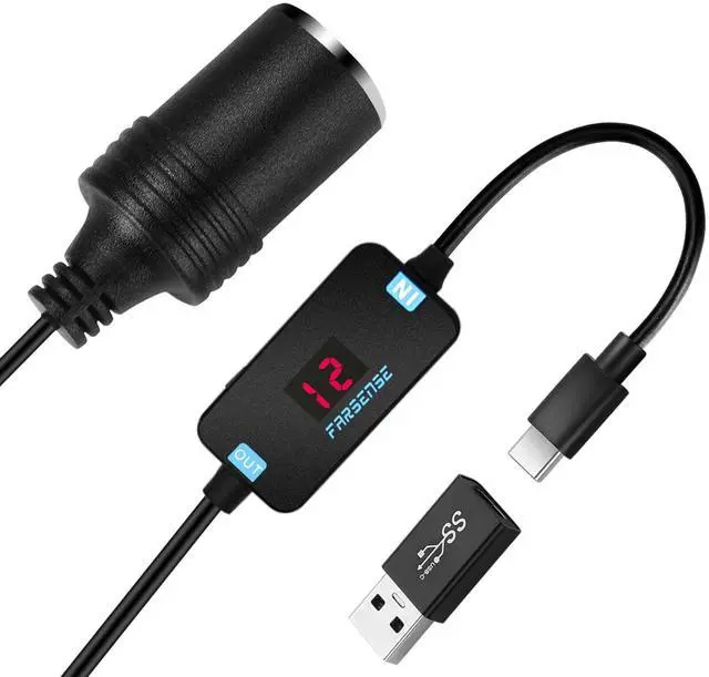Main image of USB A to 12V Cigarette Lighter Adapter(36W)-USB C Male to Cigarette Lighter Female Socket PD Trigger Cable(2FT) with Switching Voltage and Display Voltage,for Dash Cam,GPS,Etc