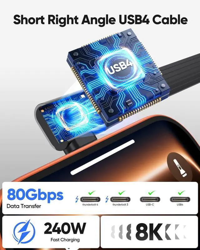 Alt view image 2 of 7 - 90 Degree USB4 Cable Short 5in,Right Angle USB C Cable Support 80Gbps Data Transfer/ 240W/8K@60Hz,USB 4 V2.0 Cable for iPhone 17 16 15 Pro Max, iPad Pro,MacBook, SSD,Thunderbolt 5/4/3