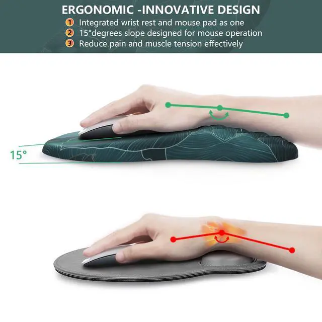 Alt view image 4 of 7 - Mouse Pad Wrist Support, Ergonomic Mouse Pad with Wrist Rest, Comfortable Computer Mouse Pad for Laptop, Pain Relief Mousepad with Non-Slip PU Base Banana Leaf Green