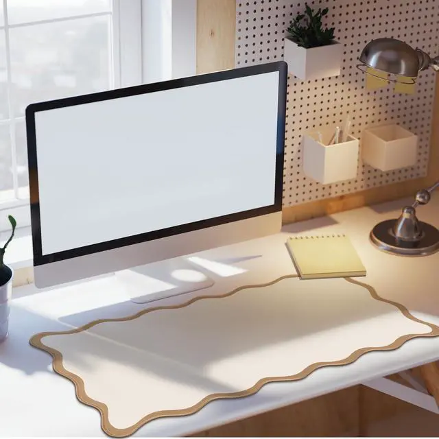 Alt view image 6 of 7 - Scalloped Desk Mat Large Desk Pad Cute Coquette Table Mat Back to School Preppy Table Make up Pad Nonslip Graduation Gift with Stitching Waterproof Gaming(Beige,31.5 x 15.8 Inches)