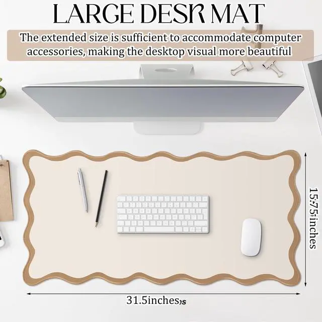 Alt view image 2 of 7 - Scalloped Desk Mat Large Desk Pad Cute Coquette Table Mat Back to School Preppy Table Make up Pad Nonslip Graduation Gift with Stitching Waterproof Gaming(Beige,31.5 x 15.8 Inches)