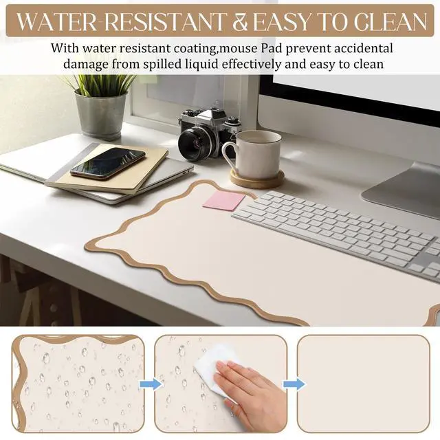 Alt view image 4 of 7 - Scalloped Desk Mat Large Desk Pad Cute Coquette Table Mat Back to School Preppy Table Make up Pad Nonslip Graduation Gift with Stitching Waterproof Gaming(Beige,31.5 x 15.8 Inches)