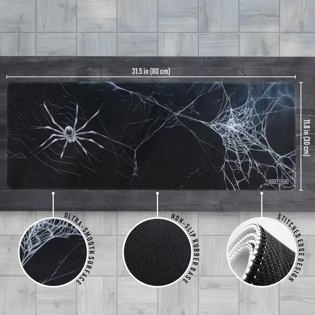 Alt view image 3 of 5 - XL (31.5×11.8 in) Spider Web Mouse Pad for Desk - Large Desk Mat for Keyboard and Mouse - PC Horror Gaming Mousepad with Non-Slip Water-Resistant Rubber Base, Stitched Edges (80x30 cm)