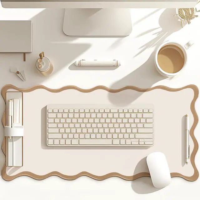 Alt view image 7 of 7 - Scalloped Desk Mat Large Desk Pad Cute Coquette Table Mat Back to School Preppy Table Make up Pad Nonslip Graduation Gift with Stitching Waterproof Gaming(Beige,31.5 x 15.8 Inches)