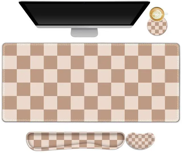 Main image of Beige Khaki Checkered Mouse Pad Set, 4 in1 Large Gaming Ergonomics Keyboard Desk Mat with Memory Foam Wrist Rest, Extended Game Mousepad, Non-Slip Desk Pad Matt Easy Typing Pain Relief