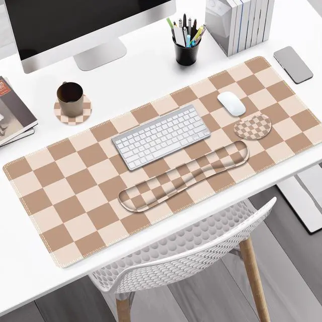Alt view image 2 of 7 - Beige Khaki Checkered Mouse Pad Set, 4 in1 Large Gaming Ergonomics Keyboard Desk Mat with Memory Foam Wrist Rest, Extended Game Mousepad, Non-Slip Desk Pad Matt Easy Typing Pain Relief