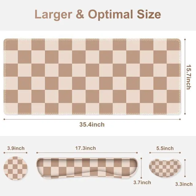 Alt view image 3 of 7 - Beige Khaki Checkered Mouse Pad Set, 4 in1 Large Gaming Ergonomics Keyboard Desk Mat with Memory Foam Wrist Rest, Extended Game Mousepad, Non-Slip Desk Pad Matt Easy Typing Pain Relief