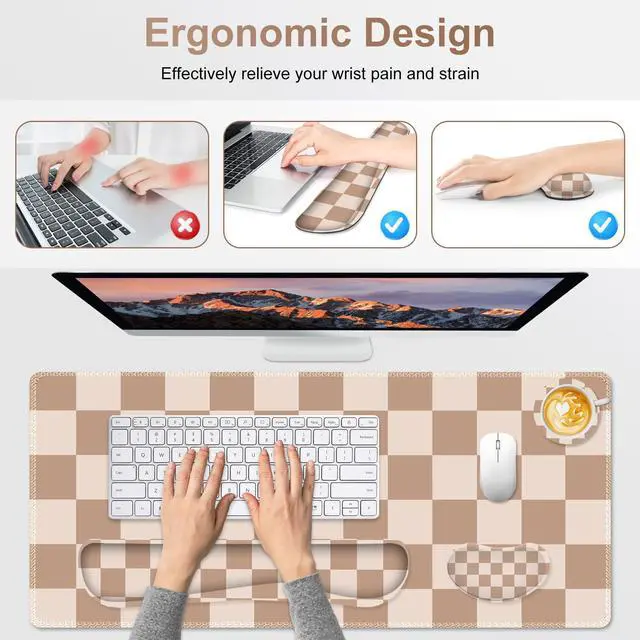 Alt view image 4 of 7 - Beige Khaki Checkered Mouse Pad Set, 4 in1 Large Gaming Ergonomics Keyboard Desk Mat with Memory Foam Wrist Rest, Extended Game Mousepad, Non-Slip Desk Pad Matt Easy Typing Pain Relief