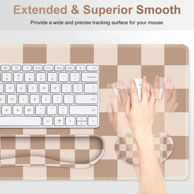 Alt view image 6 of 7 - Beige Khaki Checkered Mouse Pad Set, 4 in1 Large Gaming Ergonomics Keyboard Desk Mat with Memory Foam Wrist Rest, Extended Game Mousepad, Non-Slip Desk Pad Matt Easy Typing Pain Relief