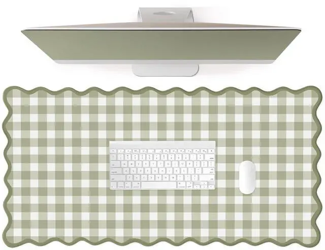 Main image of Scalloped Green Checkered Desk Mat Cute Pastel Large Gaming Mouse Pad Gingham Kawaii Cottagecore Vintage Girly Keyboard Computer Mat Aesthetic Desk Pad Accessories Office Decor for Women