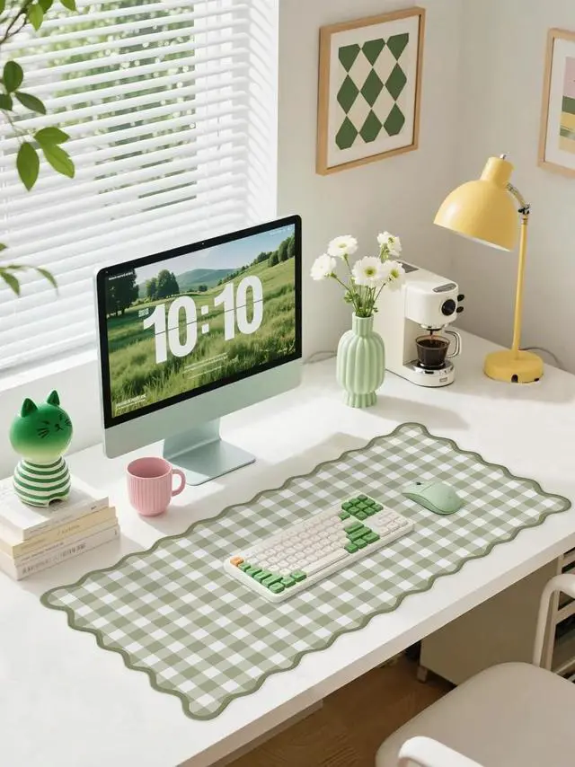 Alt view image 2 of 7 - Scalloped Green Checkered Desk Mat Cute Pastel Large Gaming Mouse Pad Gingham Kawaii Cottagecore Vintage Girly Keyboard Computer Mat Aesthetic Desk Pad Accessories Office Decor for Women