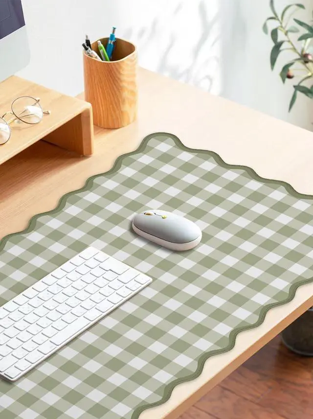 Alt view image 3 of 7 - Scalloped Green Checkered Desk Mat Cute Pastel Large Gaming Mouse Pad Gingham Kawaii Cottagecore Vintage Girly Keyboard Computer Mat Aesthetic Desk Pad Accessories Office Decor for Women