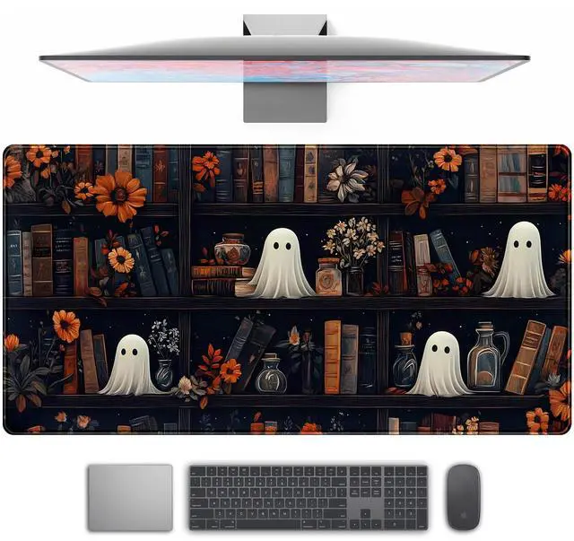 Main image of Cute Ghost Desk Mat Dark Vintage Large Mouse Pad Gaming Black Mouse Pad XXL Large Gaming Mousepad Desk Mat for Desktop Office Computer Laptop Keyboard and Mouse Mat - 31.5 X 15.7 in Desktop Protector