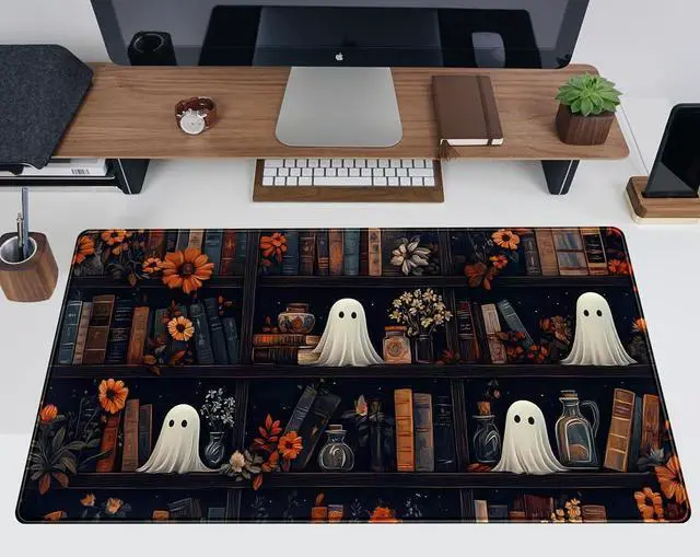 Alt view image 2 of 7 - Cute Ghost Desk Mat Dark Vintage Large Mouse Pad Gaming Black Mouse Pad XXL Large Gaming Mousepad Desk Mat for Desktop Office Computer Laptop Keyboard and Mouse Mat - 31.5 X 15.7 in Desktop Protector