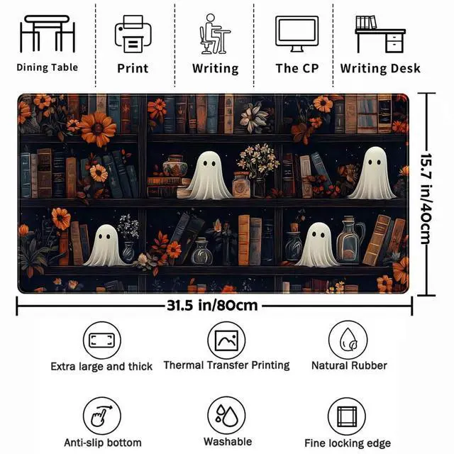 Alt view image 3 of 7 - Cute Ghost Desk Mat Dark Vintage Large Mouse Pad Gaming Black Mouse Pad XXL Large Gaming Mousepad Desk Mat for Desktop Office Computer Laptop Keyboard and Mouse Mat - 31.5 X 15.7 in Desktop Protector