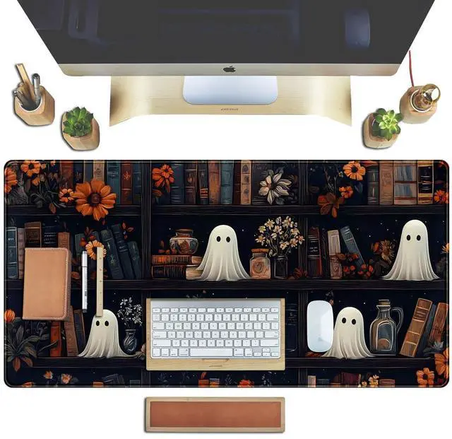 Alt view image 5 of 7 - Cute Ghost Desk Mat Dark Vintage Large Mouse Pad Gaming Black Mouse Pad XXL Large Gaming Mousepad Desk Mat for Desktop Office Computer Laptop Keyboard and Mouse Mat - 31.5 X 15.7 in Desktop Protector