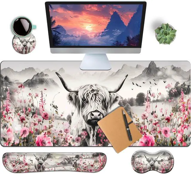 Main image of 4-Piece Extended Large Mouse Pad Set for Women Men with Highland Cow Design Includes 35.4 x 15.7 XXL Large Mouse Pad Keyboard Wrist Rest Mouse Wrist Support and Coaster for Office Home