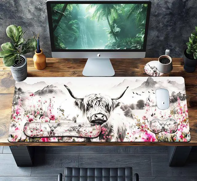 Alt view image 2 of 7 - 4-Piece Extended Large Mouse Pad Set for Women Men with Highland Cow Design Includes 35.4 x 15.7 XXL Large Mouse Pad Keyboard Wrist Rest Mouse Wrist Support and Coaster for Office Home