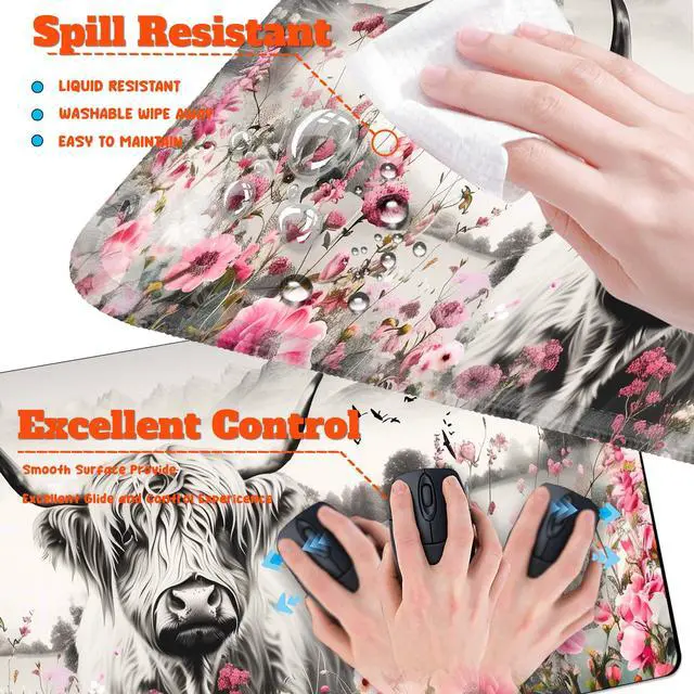 Alt view image 4 of 7 - 4-Piece Extended Large Mouse Pad Set for Women Men with Highland Cow Design Includes 35.4 x 15.7 XXL Large Mouse Pad Keyboard Wrist Rest Mouse Wrist Support and Coaster for Office Home