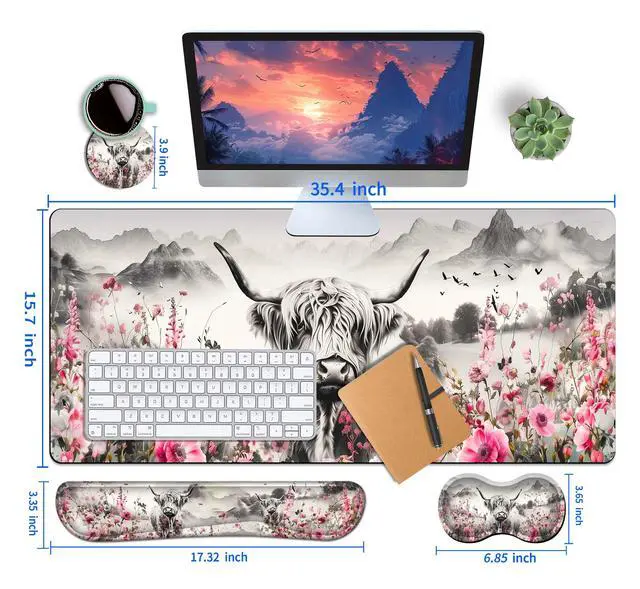 Alt view image 5 of 7 - 4-Piece Extended Large Mouse Pad Set for Women Men with Highland Cow Design Includes 35.4 x 15.7 XXL Large Mouse Pad Keyboard Wrist Rest Mouse Wrist Support and Coaster for Office Home