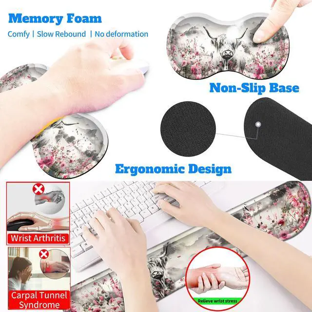Alt view image 6 of 7 - 4-Piece Extended Large Mouse Pad Set for Women Men with Highland Cow Design Includes 35.4 x 15.7 XXL Large Mouse Pad Keyboard Wrist Rest Mouse Wrist Support and Coaster for Office Home