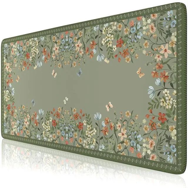 Main image of Dark Green Floral Desk Mat, Desk Mat for Keyboard and Mouse, XL Mouse Pad with Non-Slip Rubber Base, Waterproof Computer Mats for Desktop, Long Mouse Pad for Gaming, Women Office