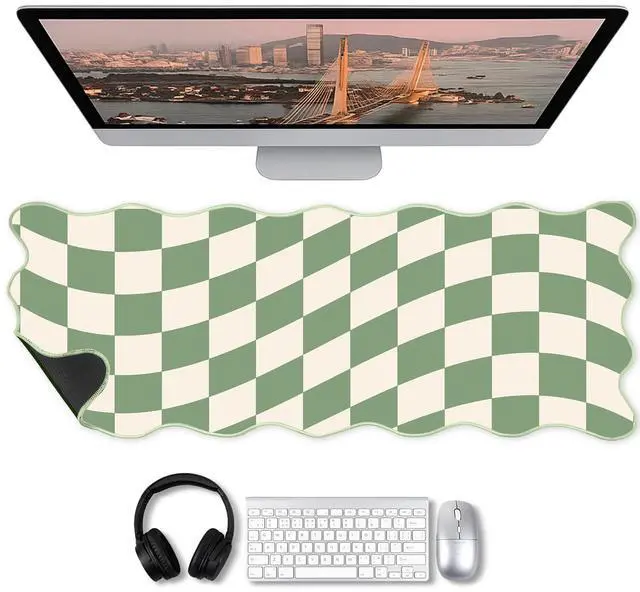 Main image of 1 Pcs Scalloped Green Checkered Desk Mat 31.5 x 11.8 Inch Large Cute Mouse Pad Computer Mat Non Slip Waterproof Rubber Base with Border Stitching Soft Keyboard Pad for Home Office Gaming Makeup