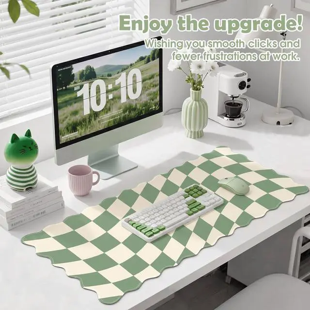 Alt view image 2 of 7 - 1 Pcs Scalloped Green Checkered Desk Mat 31.5 x 11.8 Inch Large Cute Mouse Pad Computer Mat Non Slip Waterproof Rubber Base with Border Stitching Soft Keyboard Pad for Home Office Gaming Makeup