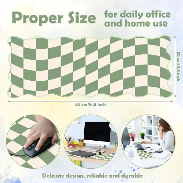 Alt view image 5 of 7 - 1 Pcs Scalloped Green Checkered Desk Mat 31.5 x 11.8 Inch Large Cute Mouse Pad Computer Mat Non Slip Waterproof Rubber Base with Border Stitching Soft Keyboard Pad for Home Office Gaming Makeup