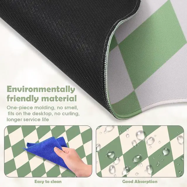 Alt view image 6 of 7 - 1 Pcs Scalloped Green Checkered Desk Mat 31.5 x 11.8 Inch Large Cute Mouse Pad Computer Mat Non Slip Waterproof Rubber Base with Border Stitching Soft Keyboard Pad for Home Office Gaming Makeup