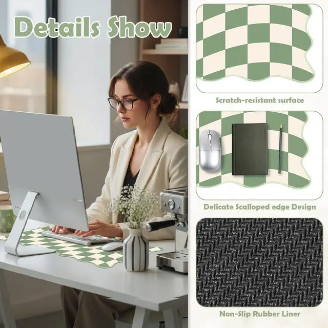 Alt view image 3 of 7 - 1 Pcs Scalloped Green Checkered Desk Mat 31.5 x 11.8 Inch Large Cute Mouse Pad Computer Mat Non Slip Waterproof Rubber Base with Border Stitching Soft Keyboard Pad for Home Office Gaming Makeup