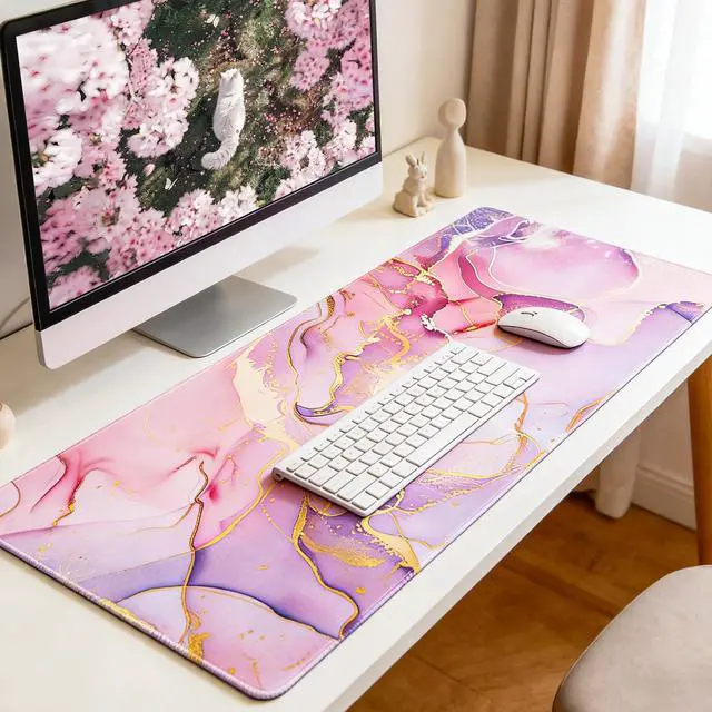 Alt view image 3 of 7 - Pink Desk Mat,XXL Large Computer Gaming Mouse Pad for Desktop,Non-Slip Big Mousepad,Water-Resistant,Stitched Edge
