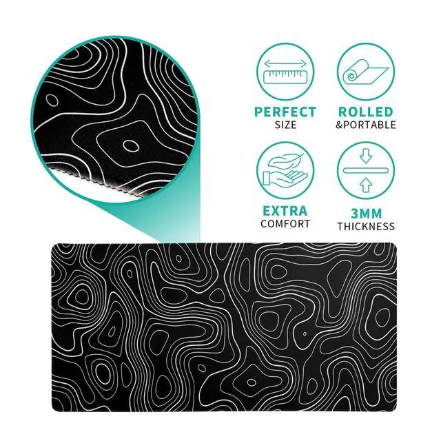 Alt view image 5 of 7 - Topographic Contour Gaming Mouse Pad Black Large Mouse Pad for Keyboard and Mousepad Desk Mat with 3mm Non-Slip Base and Stitched Edge for Gaming and Office Computer Mat Protector Mat 27.6x11.8 Inch