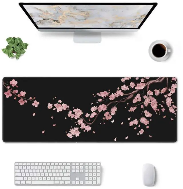Alt view image 3 of 7 - Japanese Cherry Blossom Xl Large Gaming Mouse Pad, Long Extended Full Sakura Mouse Mat for Top Keyboard Table, Cute Big Stitched Waterproof Mousepad Gifts for Women Office, 31.5*11.8 In