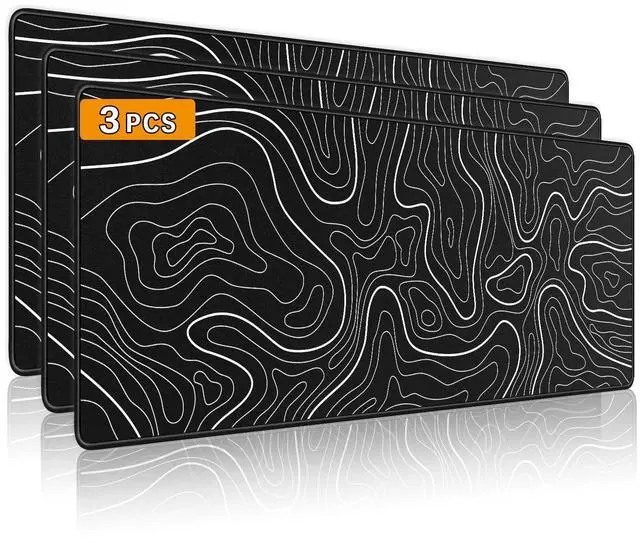 Main image of 3 Pcs Large Gaming Mouse Pad 31.5 x 11.8in,Anti-Slip Rubber Base Mousepad, XL Keyboard Mouse Mat for Home Office, Black with White Topographic Line