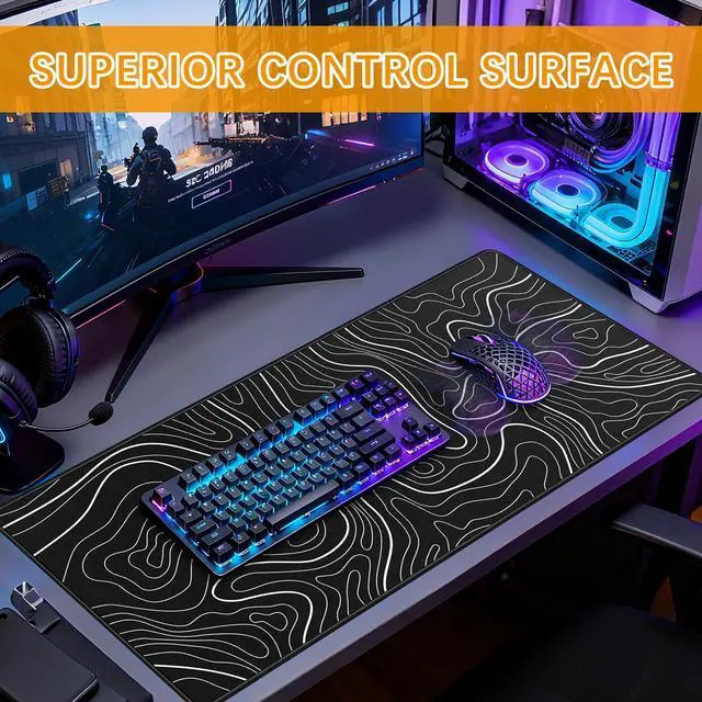 Alt view image 3 of 6 - 3 Pcs Large Gaming Mouse Pad 31.5 x 11.8in,Anti-Slip Rubber Base Mousepad, XL Keyboard Mouse Mat for Home Office, Black with White Topographic Line