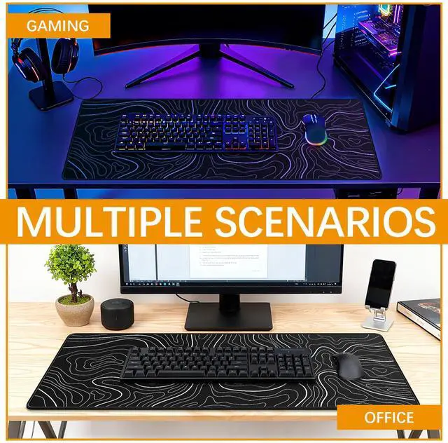 Alt view image 5 of 6 - 3 Pcs Large Gaming Mouse Pad 31.5 x 11.8in,Anti-Slip Rubber Base Mousepad, XL Keyboard Mouse Mat for Home Office, Black with White Topographic Line