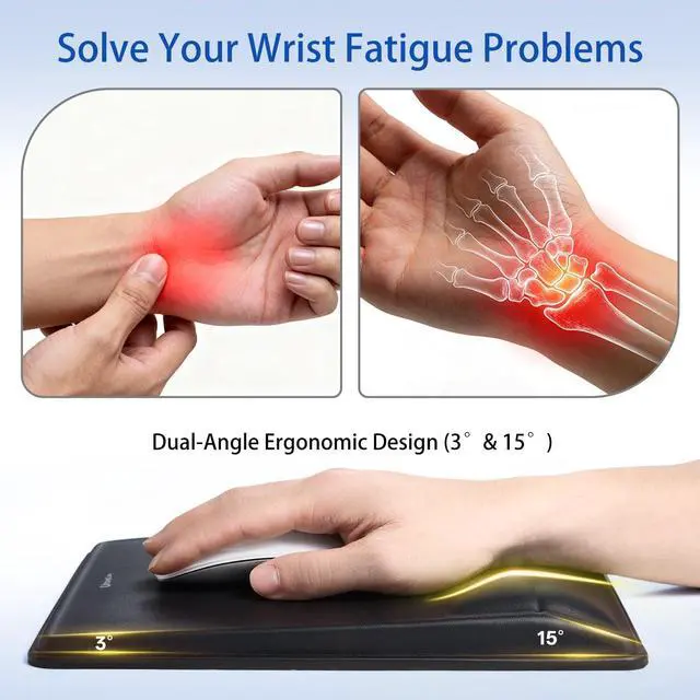 Alt view image 2 of 7 - Pain Relief & Wrist Support Mouse Pad,Ergonomic Design with Contouring Memory Foam,High-Precision PU Surface,Non-Slip Base for Office/Gaming(Black)