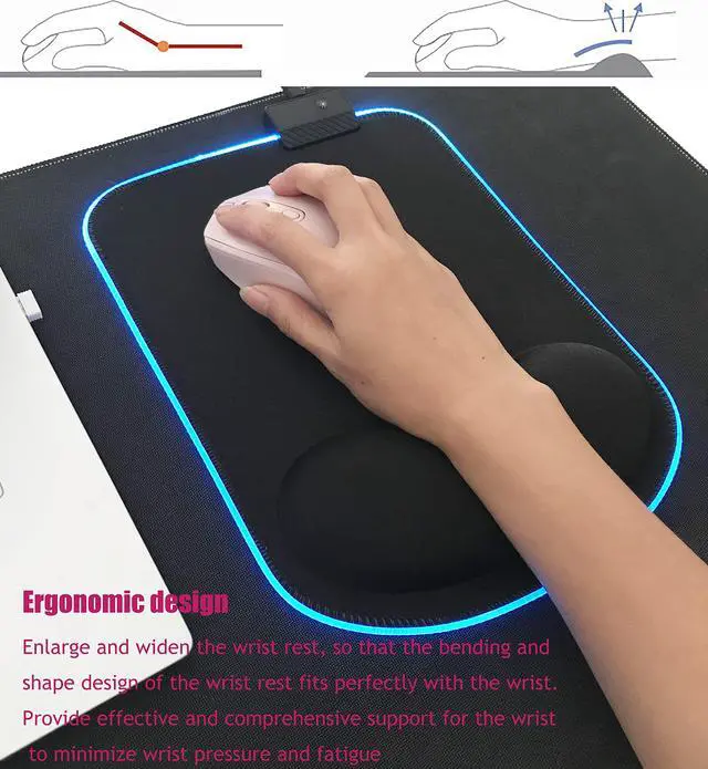 Alt view image 4 of 7 - RGB LED Mouse pad with Ergonomic Wrist Rest Support, Non-Slip Kawaii Mouse Pads, 11.8 x 8.5 Gaming Wrist Pads, Pain Relief, and Easy Typing, Gaming, Notebook Computer Work and Game (Black)