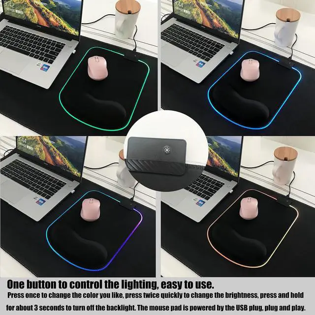 Alt view image 3 of 7 - RGB LED Mouse pad with Ergonomic Wrist Rest Support, Non-Slip Kawaii Mouse Pads, 11.8 x 8.5 Gaming Wrist Pads, Pain Relief, and Easy Typing, Gaming, Notebook Computer Work and Game (Black)