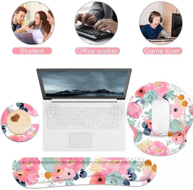 Alt view image 5 of 7 - Ergonomic Mouse Pad with Wrist Rest and Keyboard Wrist Rest, Mousepad and Wrist Rest for Computer Keyboard, Pain Relief, Non-Slip Rubber Base, Mouse Pad Wrist Support for Gaming, Office, Pink Flower