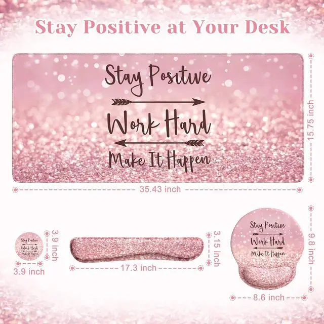 Alt view image 2 of 7 - Mouse Pad,Large Pink Desk Mat Set, 4in1 XXL Mousepad + Keyboard Wrist Rest+Mouse Wrist Rest+Coaster with Ergonomic Desk Pad for Home Office Table Computer Cover -Pink Stay Positive