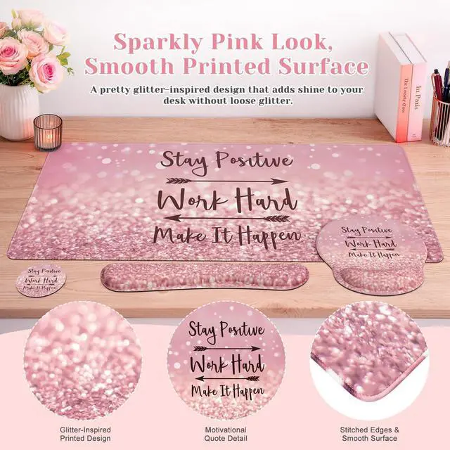 Alt view image 3 of 7 - Mouse Pad,Large Pink Desk Mat Set, 4in1 XXL Mousepad + Keyboard Wrist Rest+Mouse Wrist Rest+Coaster with Ergonomic Desk Pad for Home Office Table Computer Cover -Pink Stay Positive