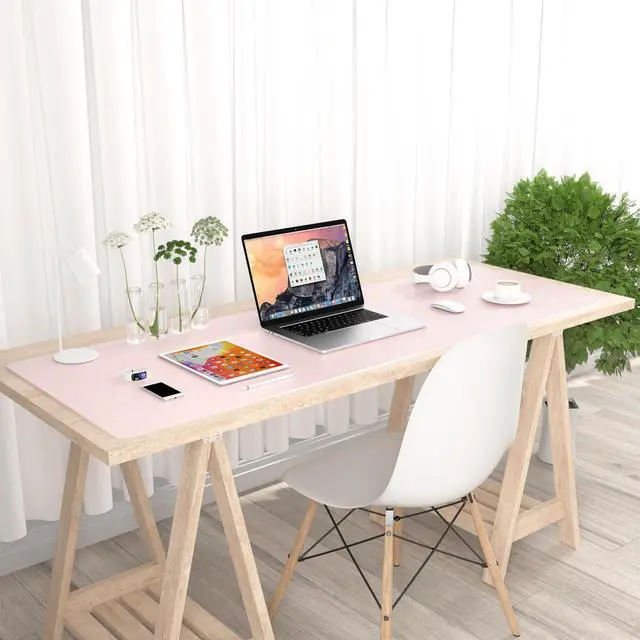 Alt view image 7 of 7 - Desk Pad, 48" x 17" PU Leather Desk Mat, XXXL Extended Mouse Pad, Waterproof Desktop Blotter Protector, Non-Slip Ultra Thin Large Laptop Keyboard Writing Mat for Office Home, Pink